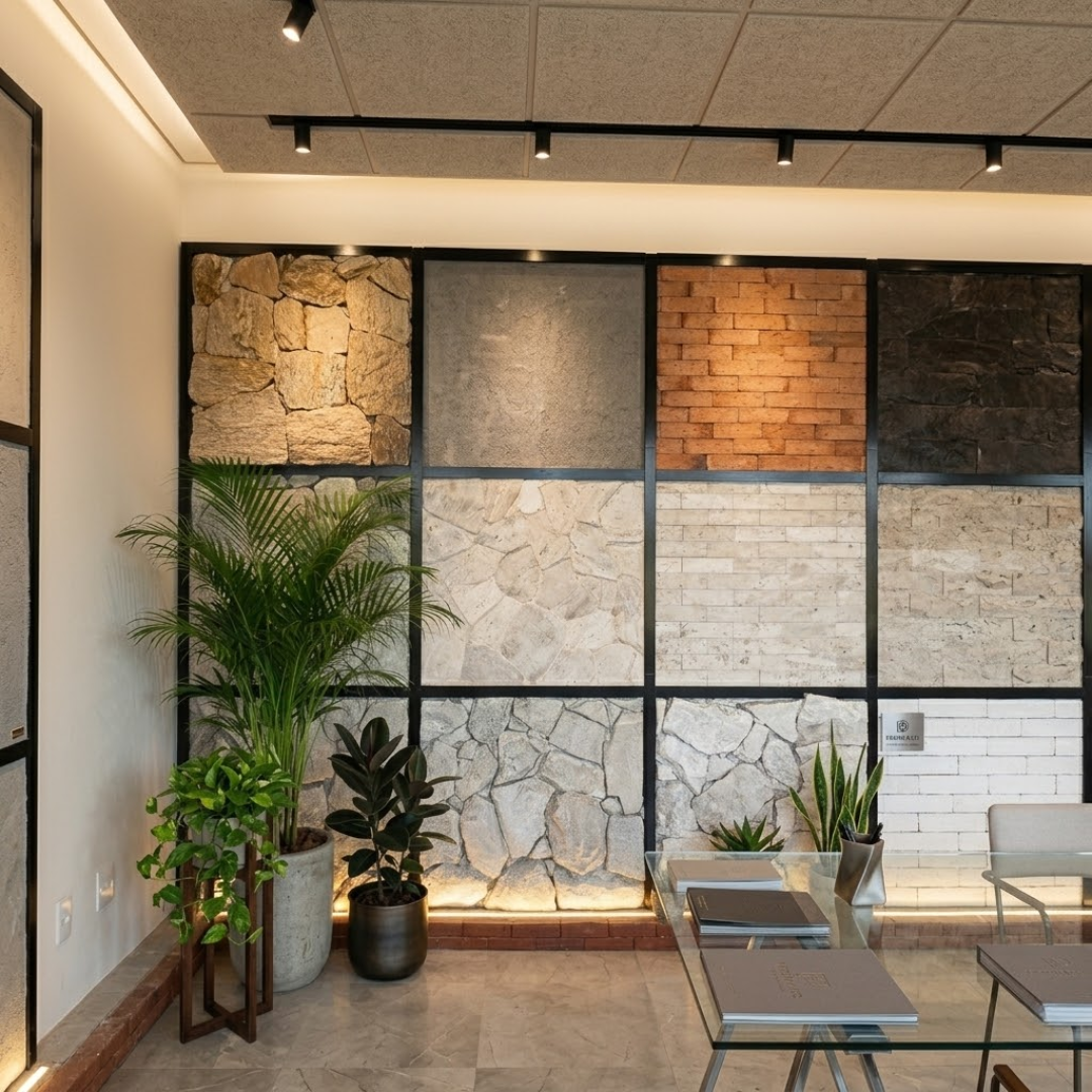 Showroom JC Revestimentos Naturais — painéis de pedras naturais expostos